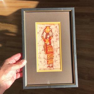 Framed Matted Fabric Lady Carrying Water Jug Artwork Picture